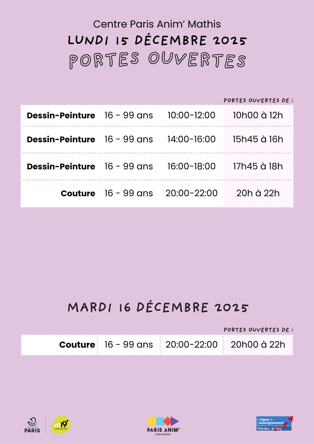 Semaine portes ouvertes au centre Paris anim'Mathis du 15 au 20 décembre 2025