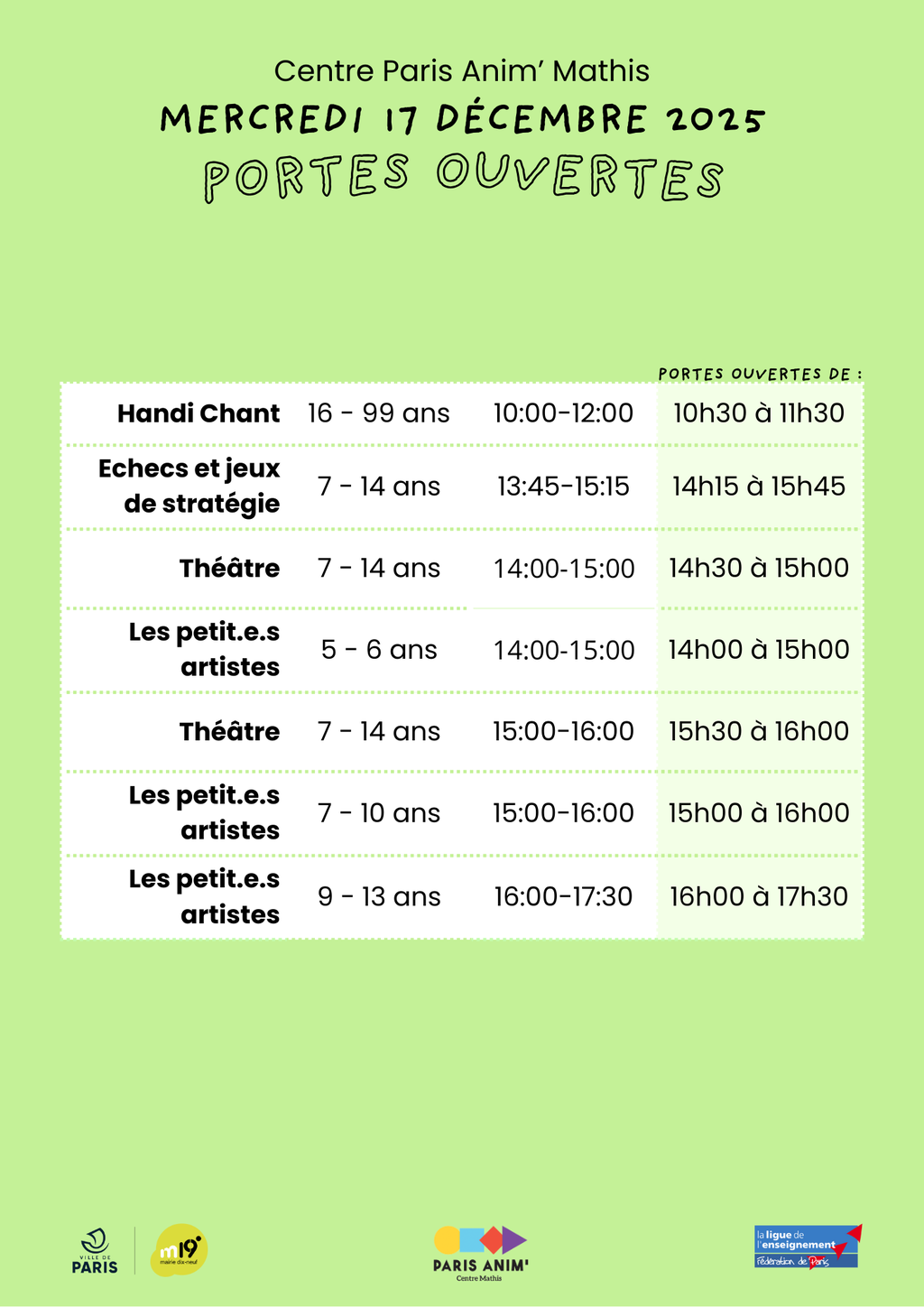 Semaine portes ouvertes du 15 au 20 décembre 2025