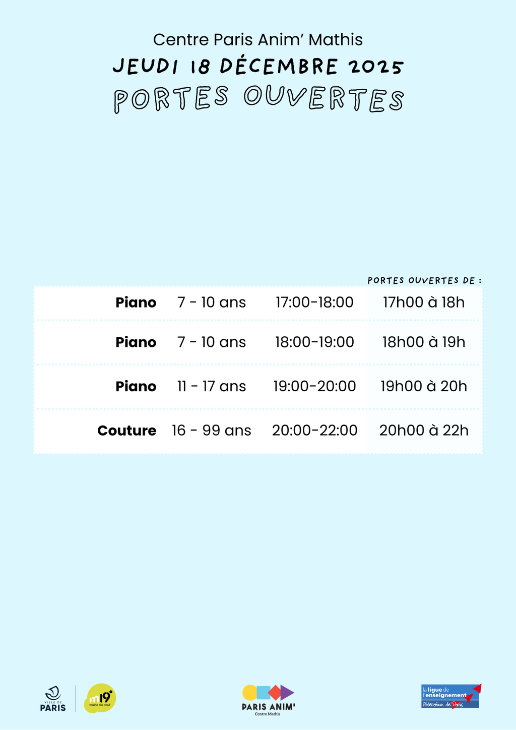 Semaine portes ouvertes au centre Paris anim'Mathis du 15 au 20 décembre 2025