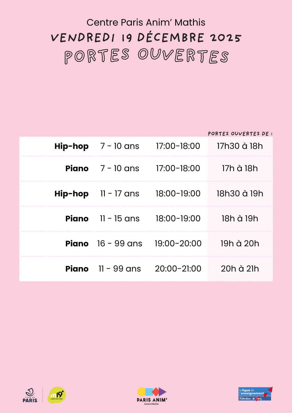 Semaine portes ouvertes au centre Paris anim'Mathis du 15 au 20 décembre 2025