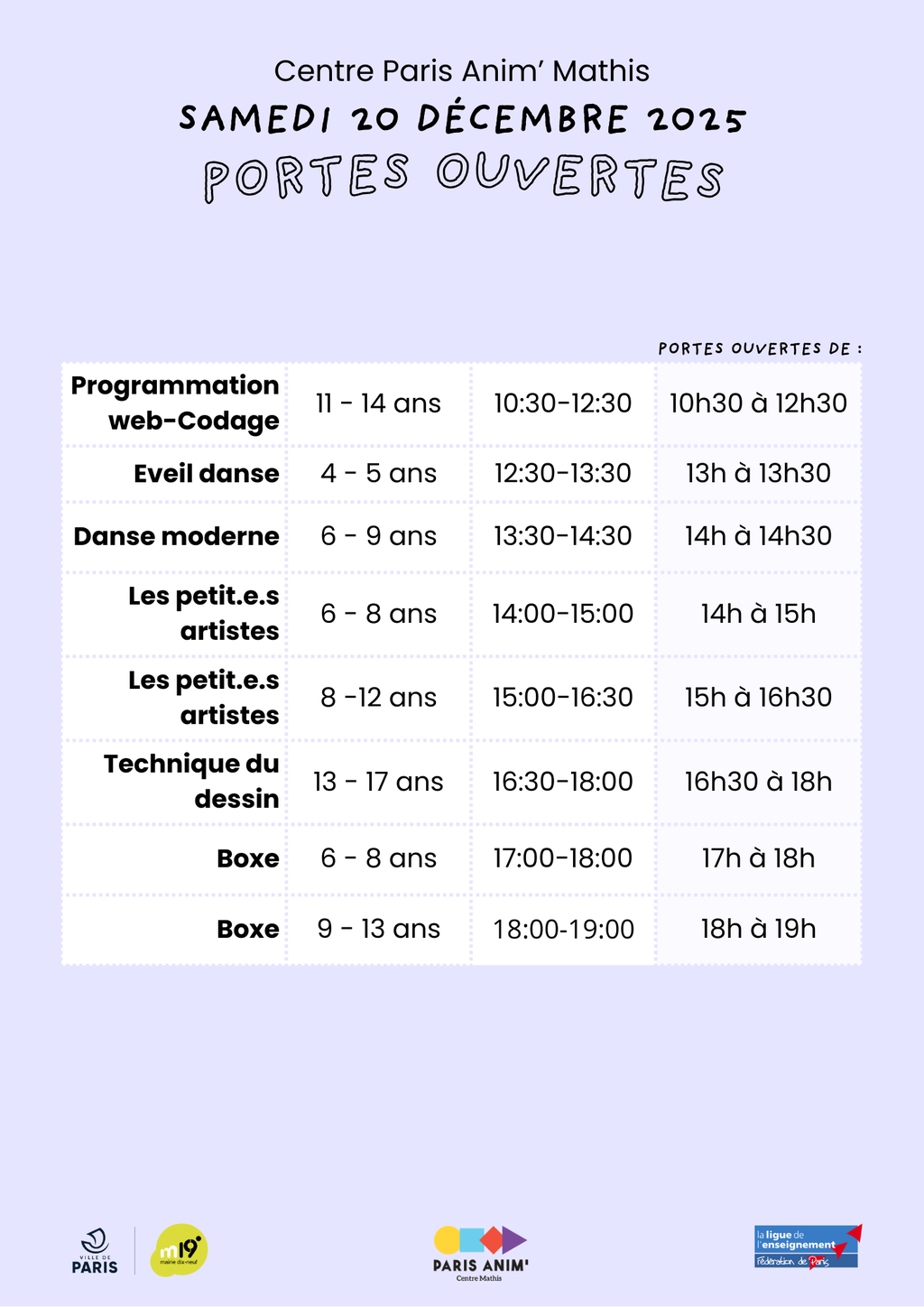 Semaine portes ouvertes au centre Paris anim'Mathis du 15 au 20 décembre 2025